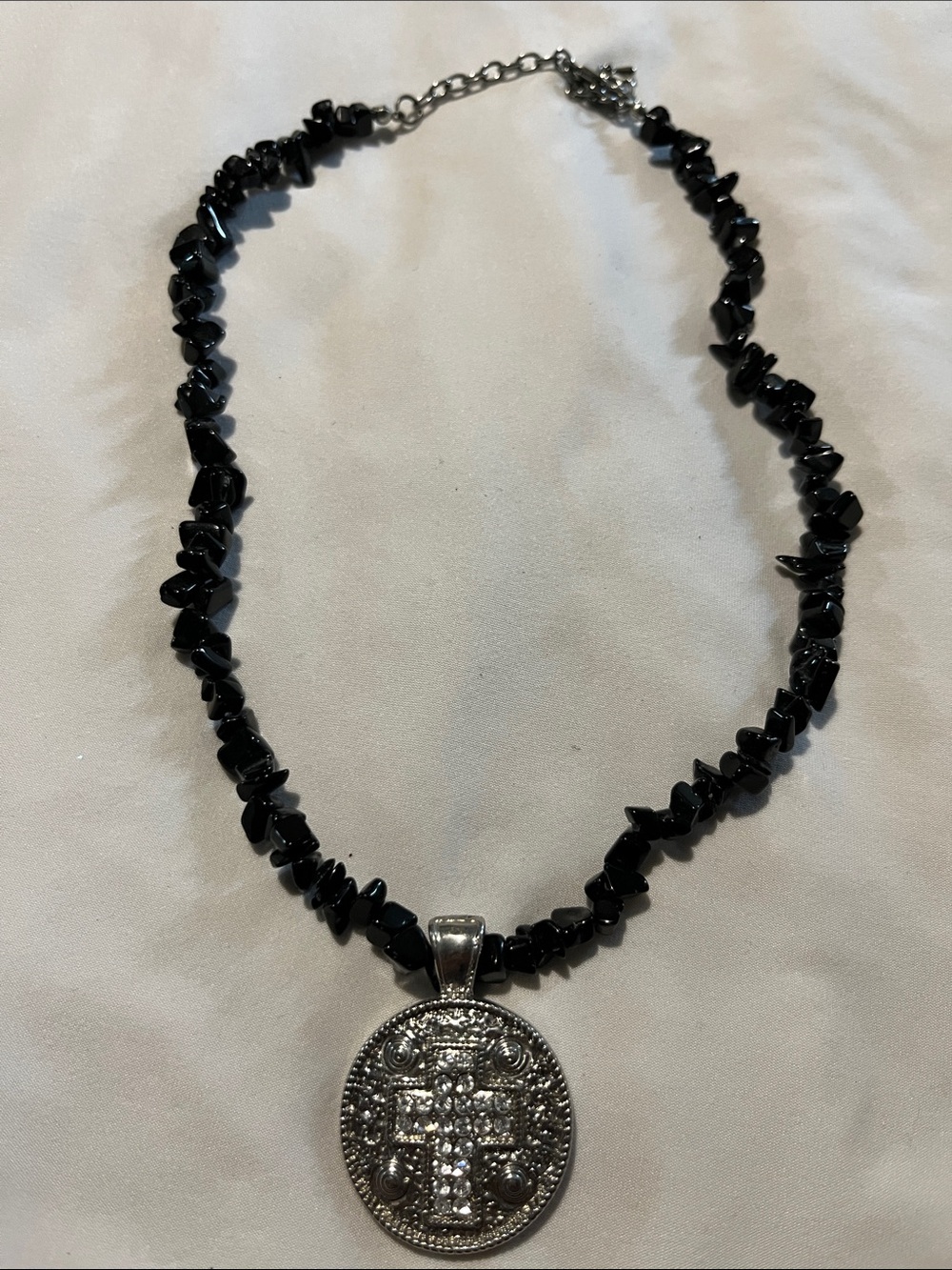 Black Beaded Necklace with Silver Cross Medallion